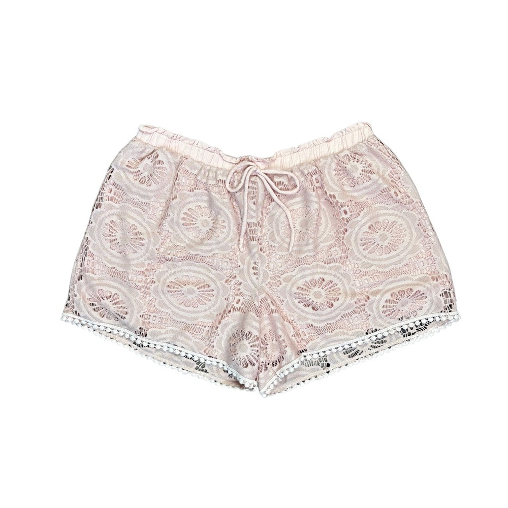 H.I.P. Pink Lace Medallion Pom Pom Trim Shorts XL Boho‎ Drawstring Elastic Waist